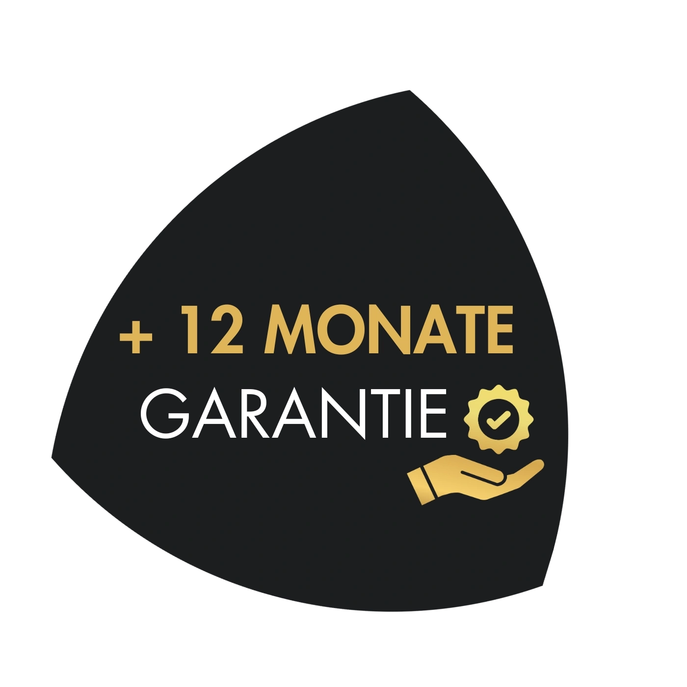 Garanzia 12 mesi, logo dorato, sfondo nero, mano che tiene