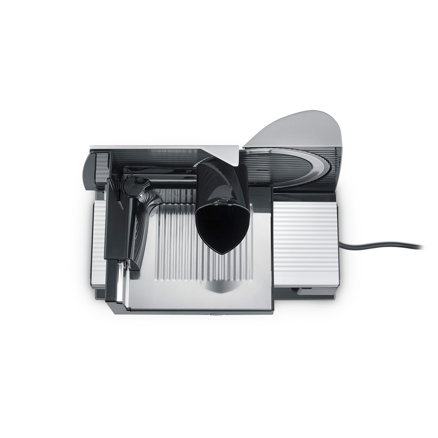 Electric food slicer, stainless steel, black, detail shot, isolated, white background