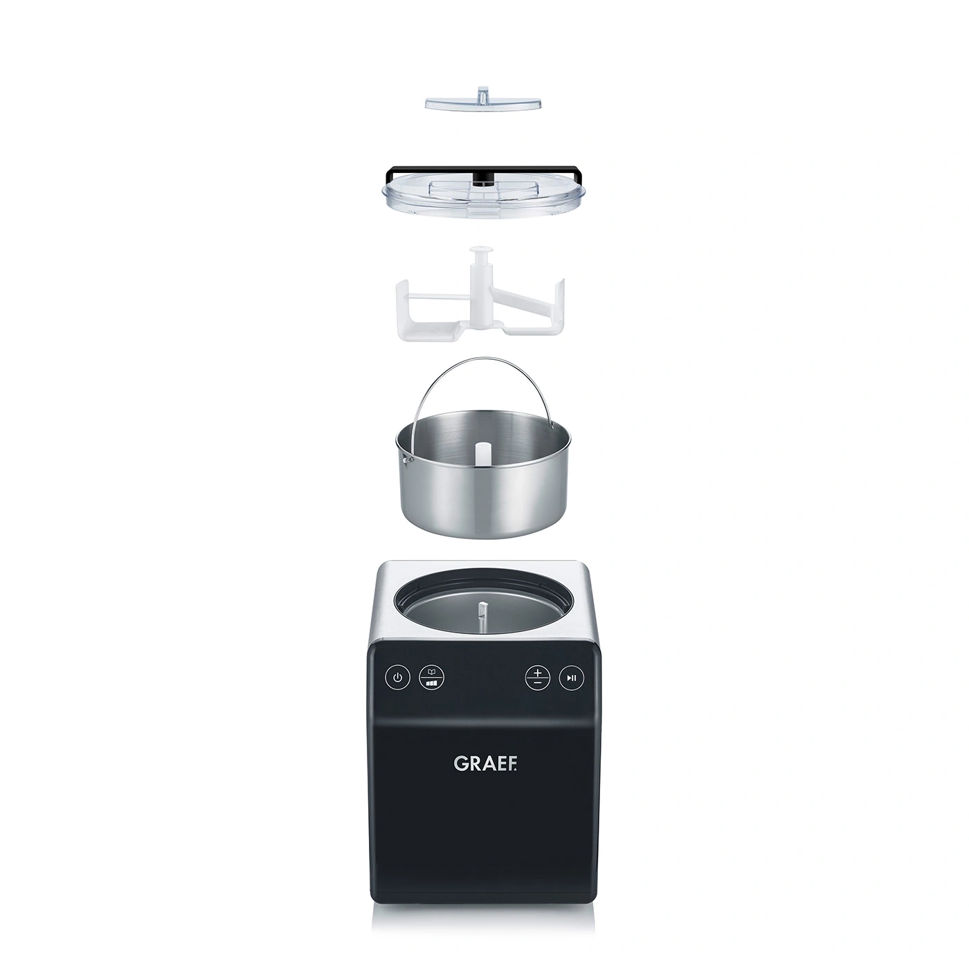 Ice cream maker with parts, black and silver, shown exploded for assembly.