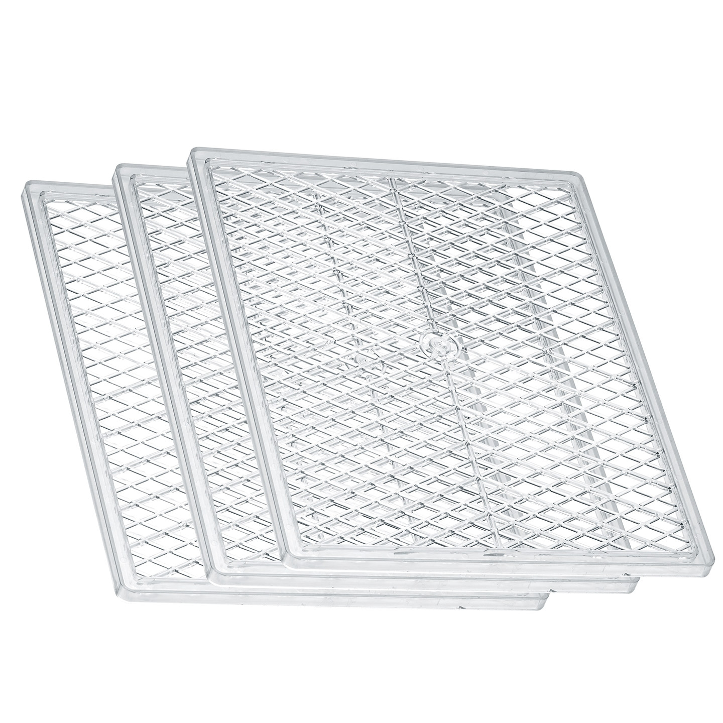 Trois plaques de grille transparentes empilées, pour une utilisation en cuisine ou similaire.