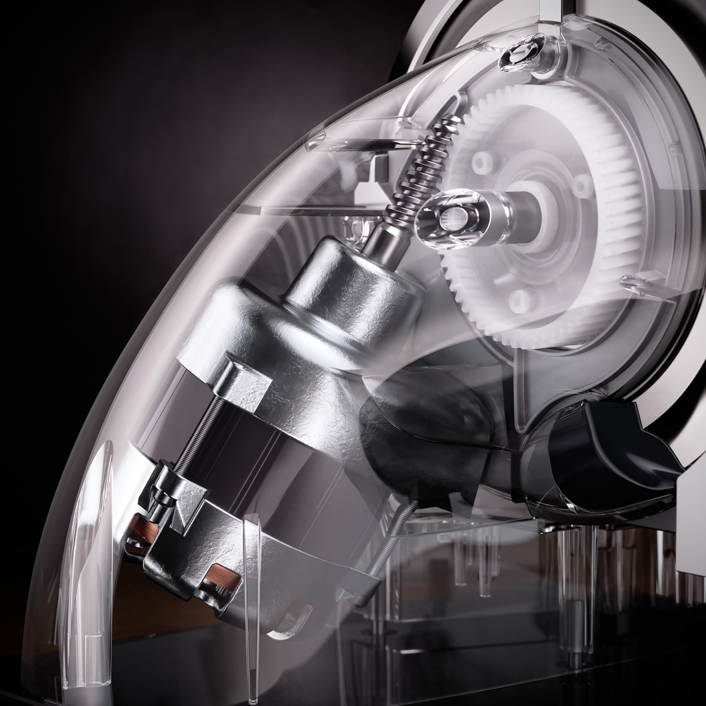 Machine transparente avec engrenages et moteur, gros plan, technologie, pièces mécaniques