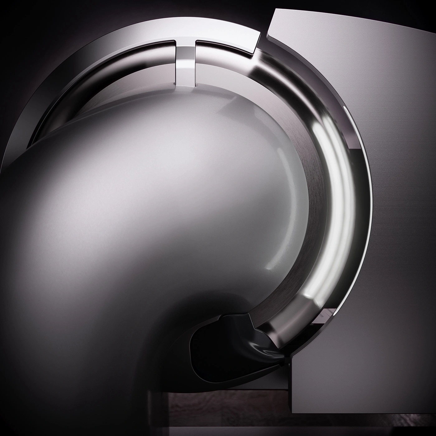 Struttura metallica astratta con superfici lucide e curve eleganti, design minimalista.