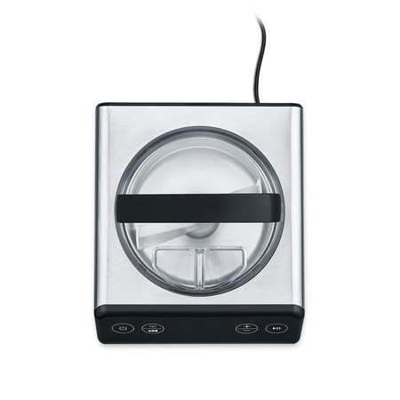 Ice cream machine, stainless steel, black controls, power cord, top view, isolated