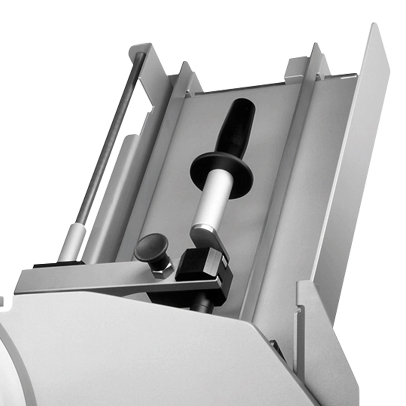 Close-up of a metal construction with handle and knob, gray and black