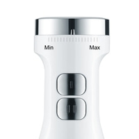 White appliance with buttons, Min and Max markings, dial, kitchen device, blender
