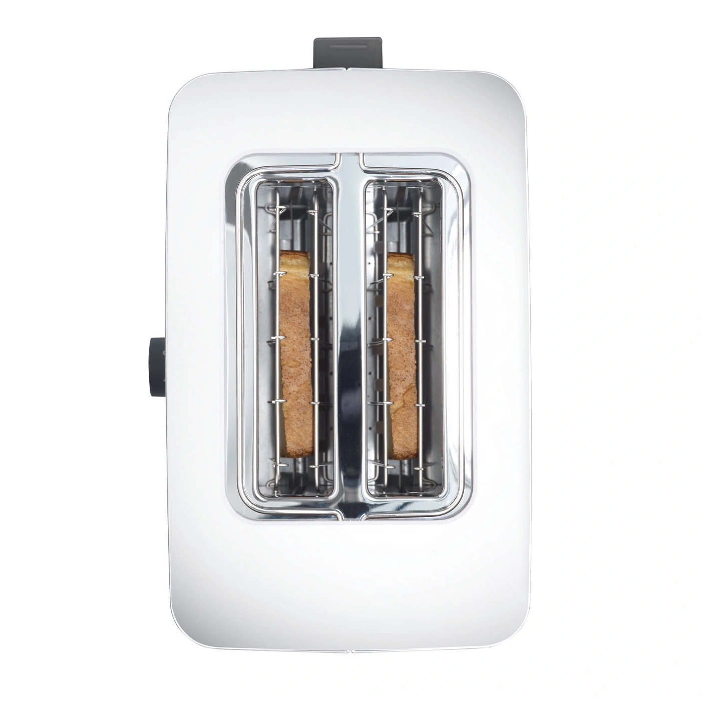 A white toaster with two slices of bread inside.