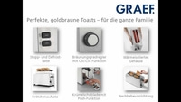 Toaster with features: stop, defrost, browning control, crumb tray, attachment, lift function.