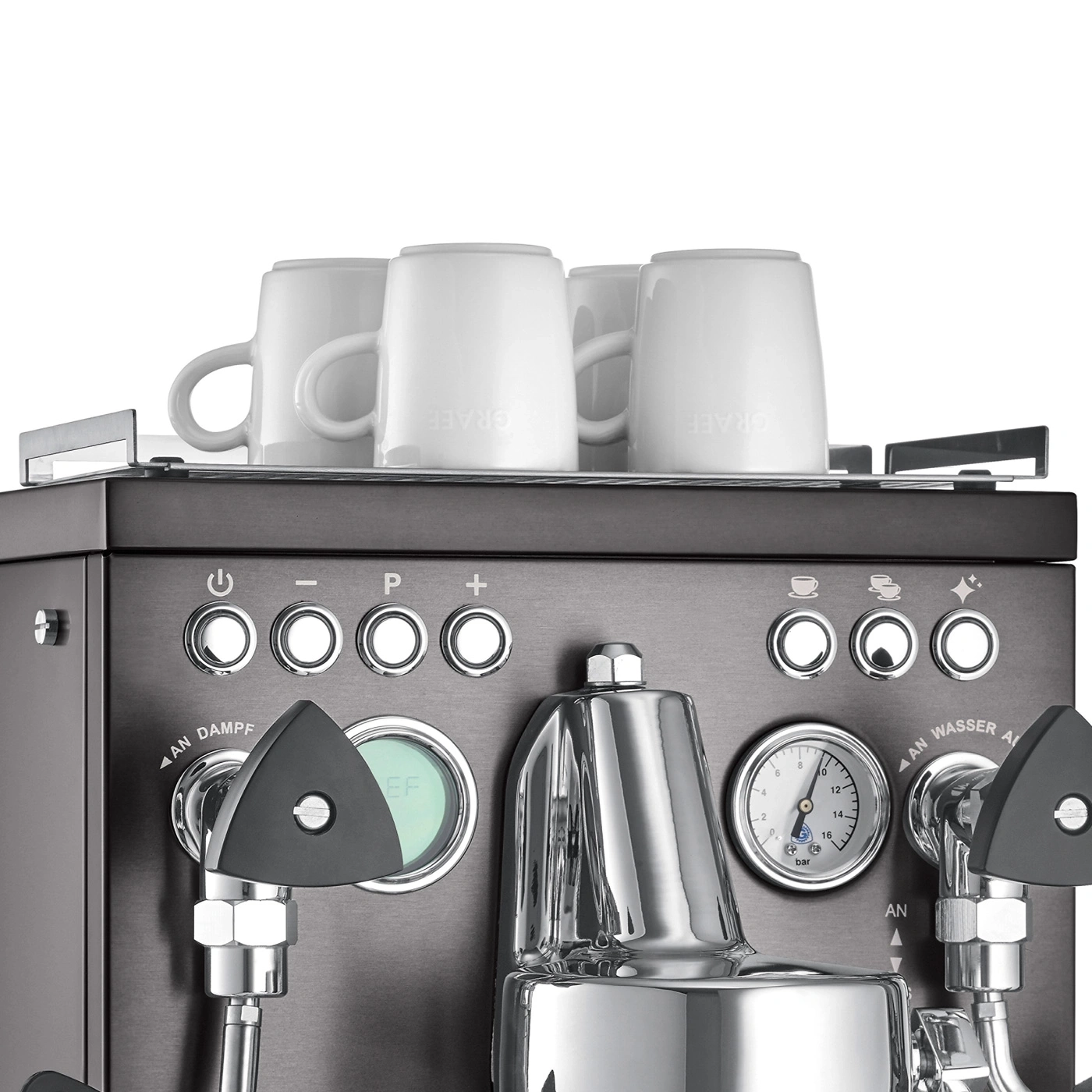 Espresso machine with cups, buttons, and gauges. Black design.