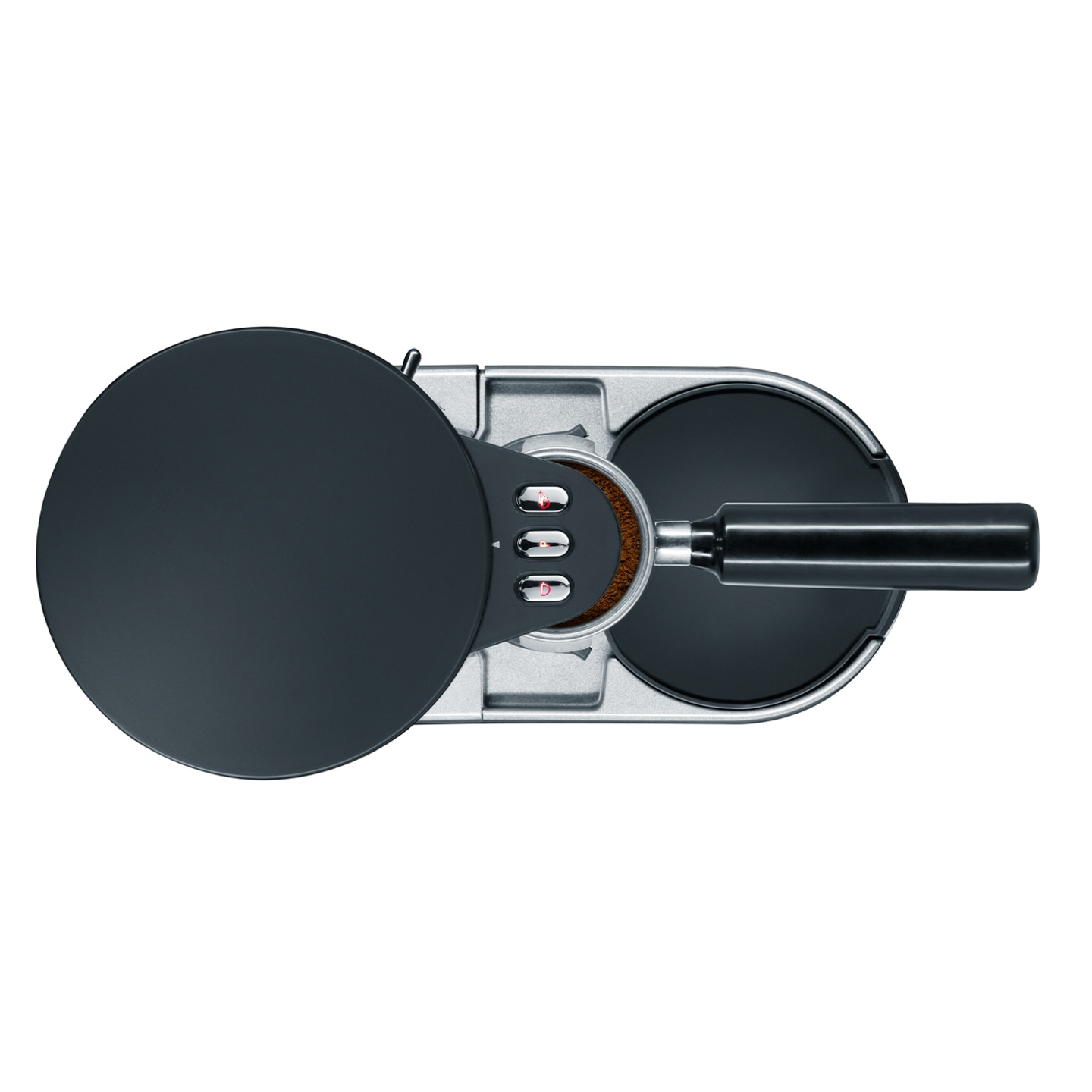 Machine à café vue de dessus, avec poignée et boutons noirs, sur fond blanc.