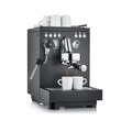 Black espresso machine with cups, coffee brewing, Graef logo, steam wand