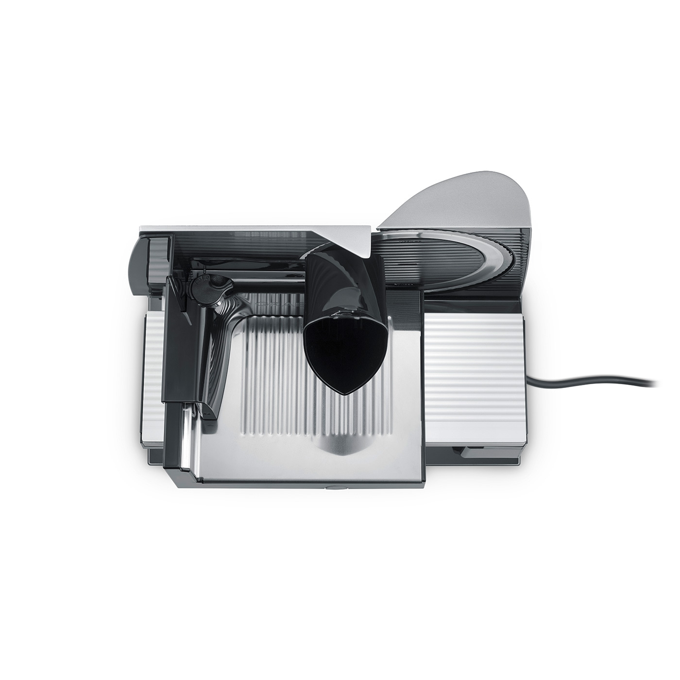 Electric food slicer, stainless steel, black, detail shot, isolated, white background