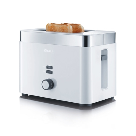 White toaster with two slices of toast, Graef brand, isolated on a white background.