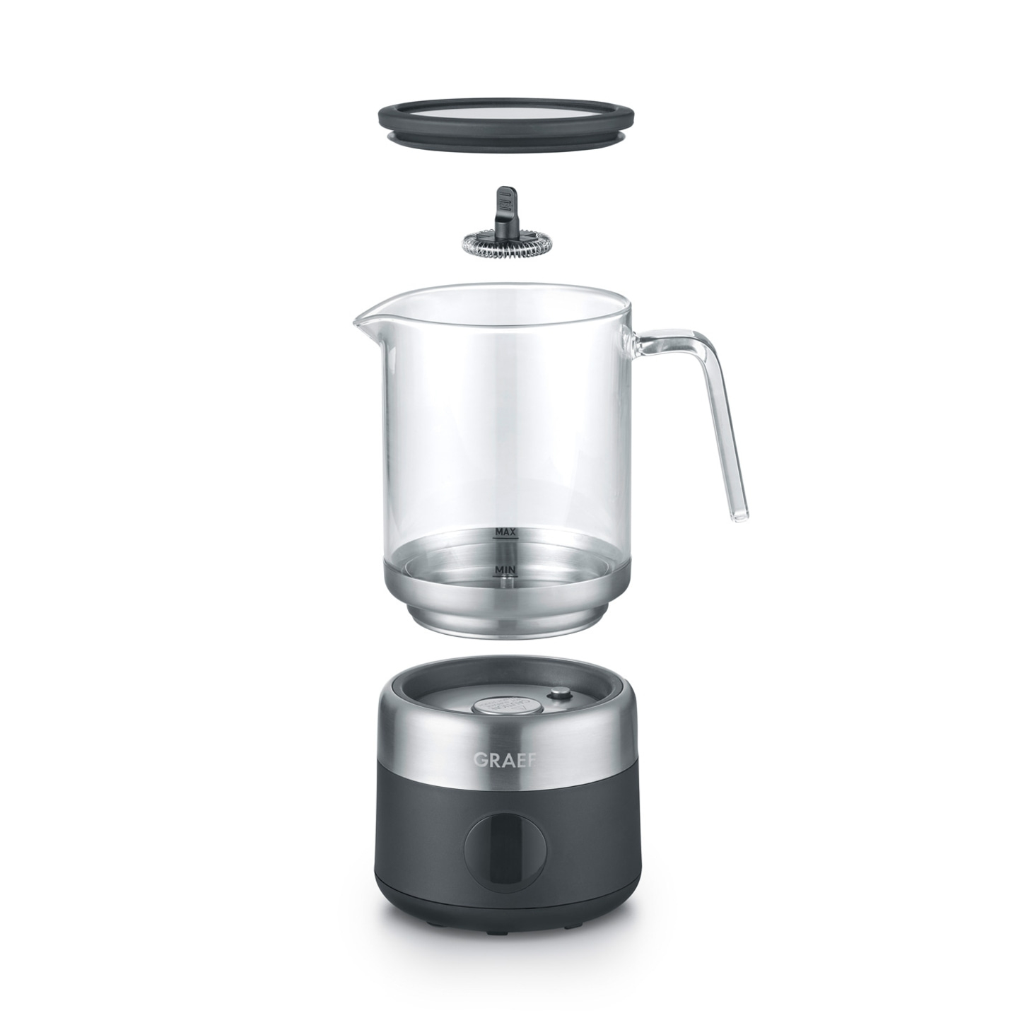 Vue éclatée d'un mousseur à lait avec récipient en verre et couvercle