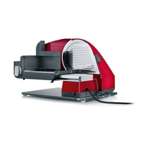 Trancheuse électrique rouge, marque Graef, avec plaque de verre et cordon d'alimentation.