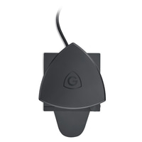 Appareil noir avec logo G et câble, forme triangulaire, sur fond blanc.