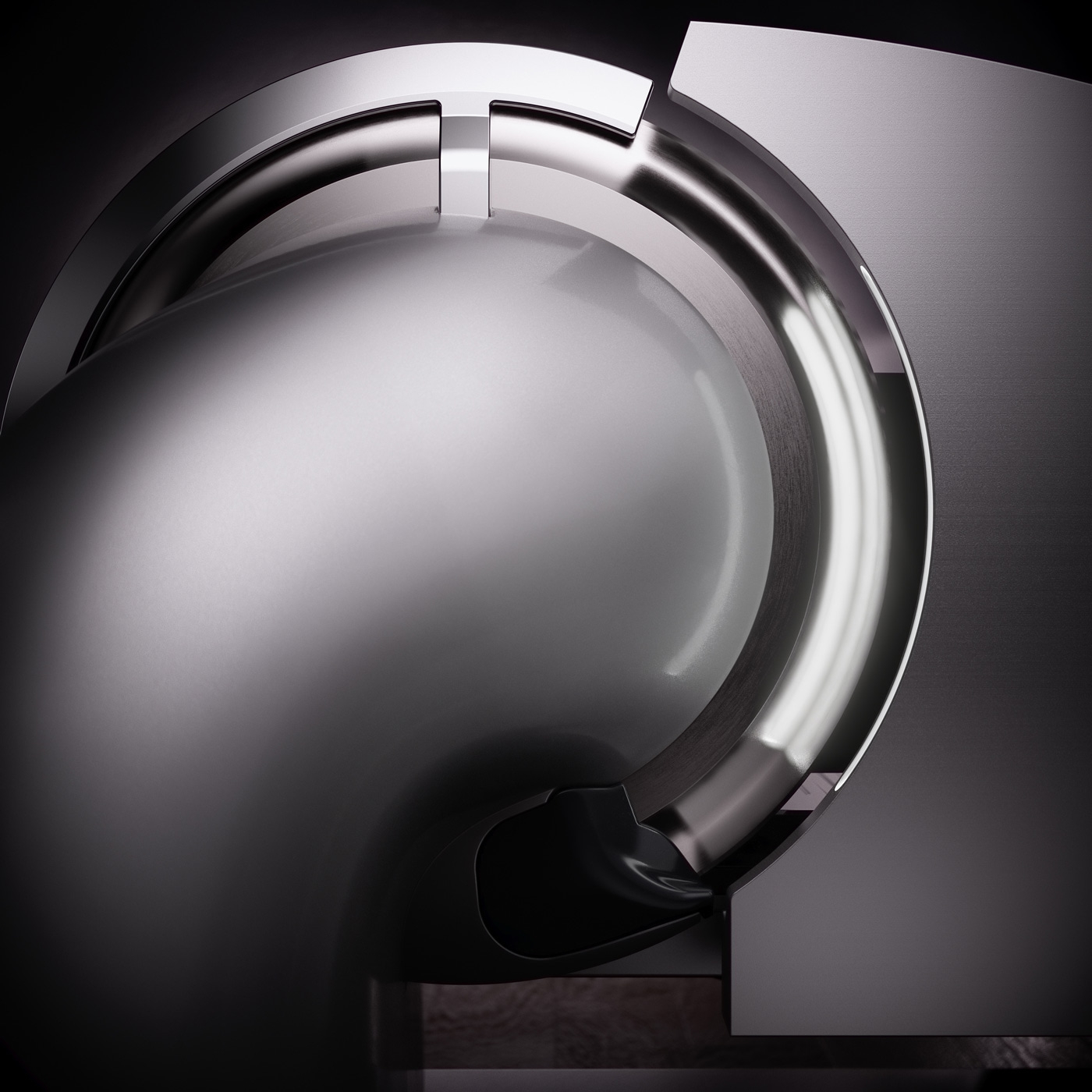 Structure métallique abstraite avec des surfaces brillantes et des courbes élégantes, futuriste.