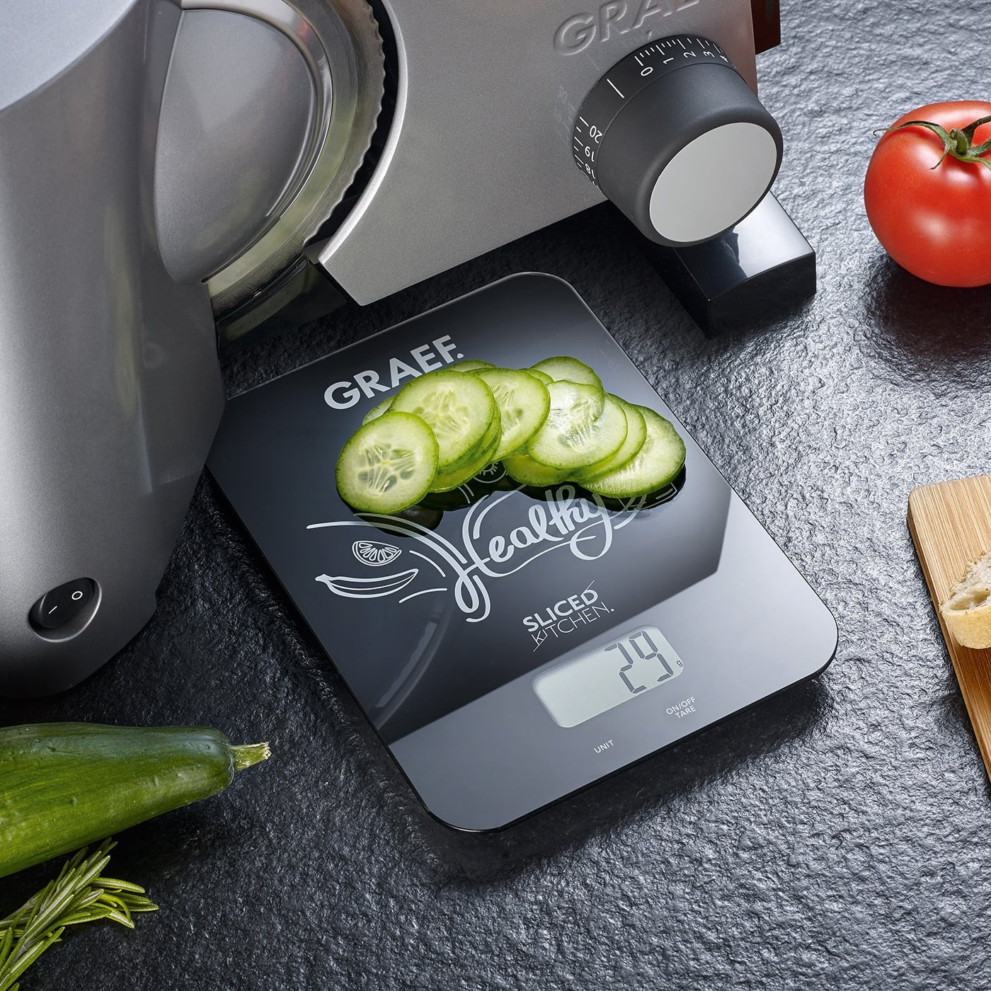 Vegetable slicer, scale, cucumber slices, tomato, kitchen, healthy, GRAEF, 29g, sliced, food