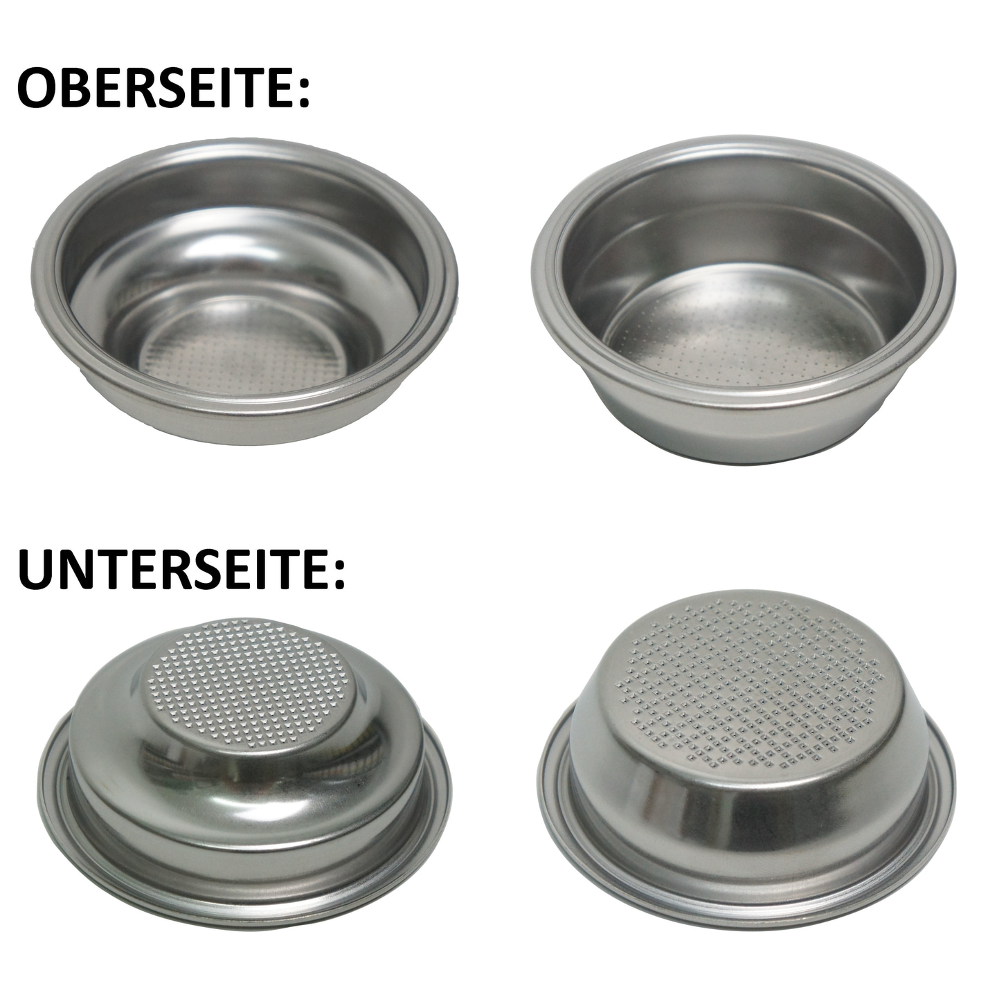 Portafiltro espresso: sopra e sotto, acciaio inossidabile, fori, preparazione del caffè, ripresa ravvicinata