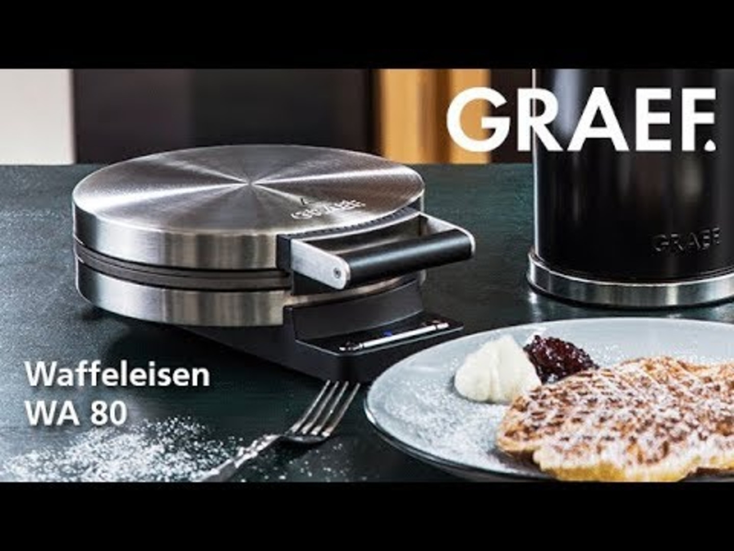 Gaufrier WA 80, GRAEF, gaufre, assiette, sucre glace, fourchette, nourriture, cuisine, appareil
