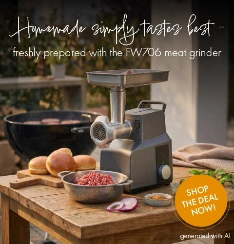 Meat grinder with grill and burgers on a wooden table