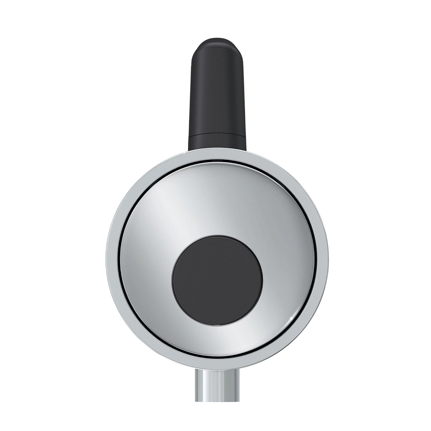 Design chromé avec bouton noir et poignée noire, gros plan, isolé