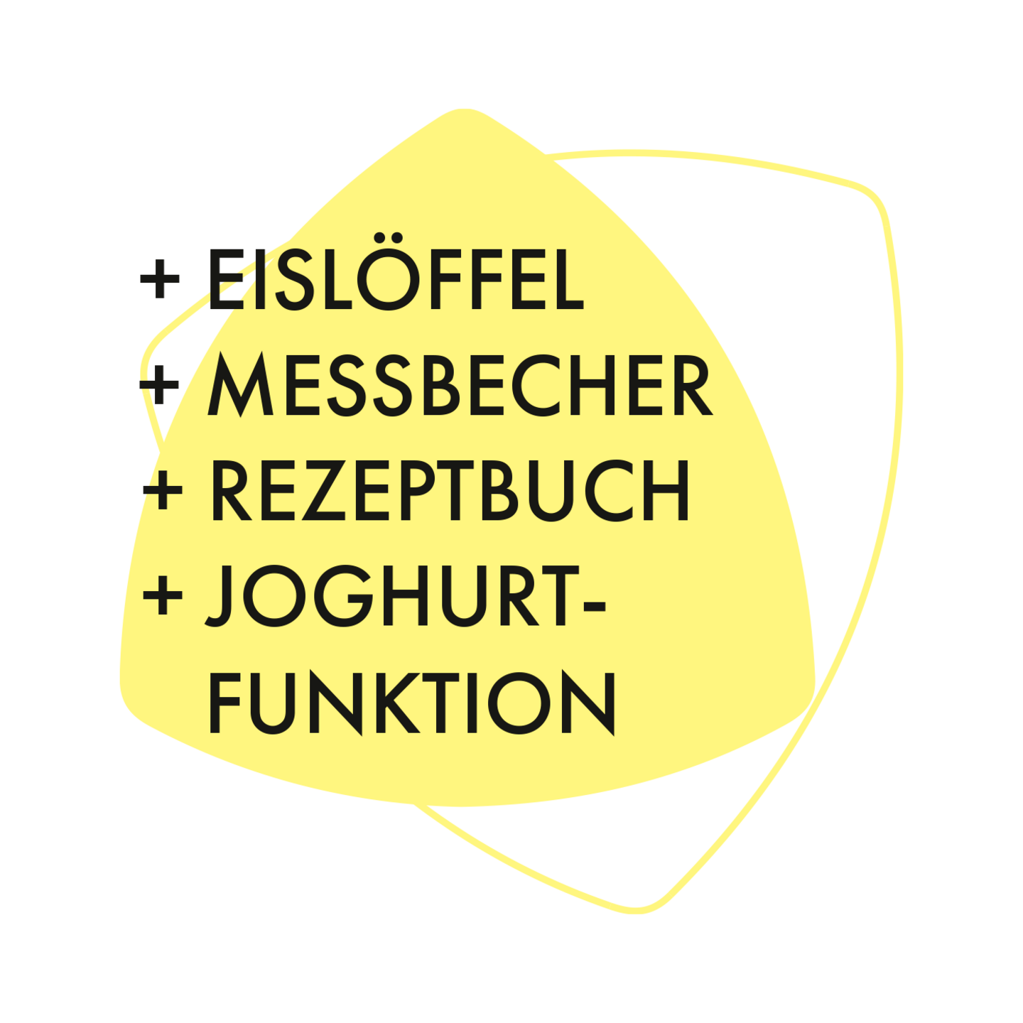 Triangle jaune avec texte : cuillère à glace, tasse à mesurer, livre de recettes, fonction yaourt