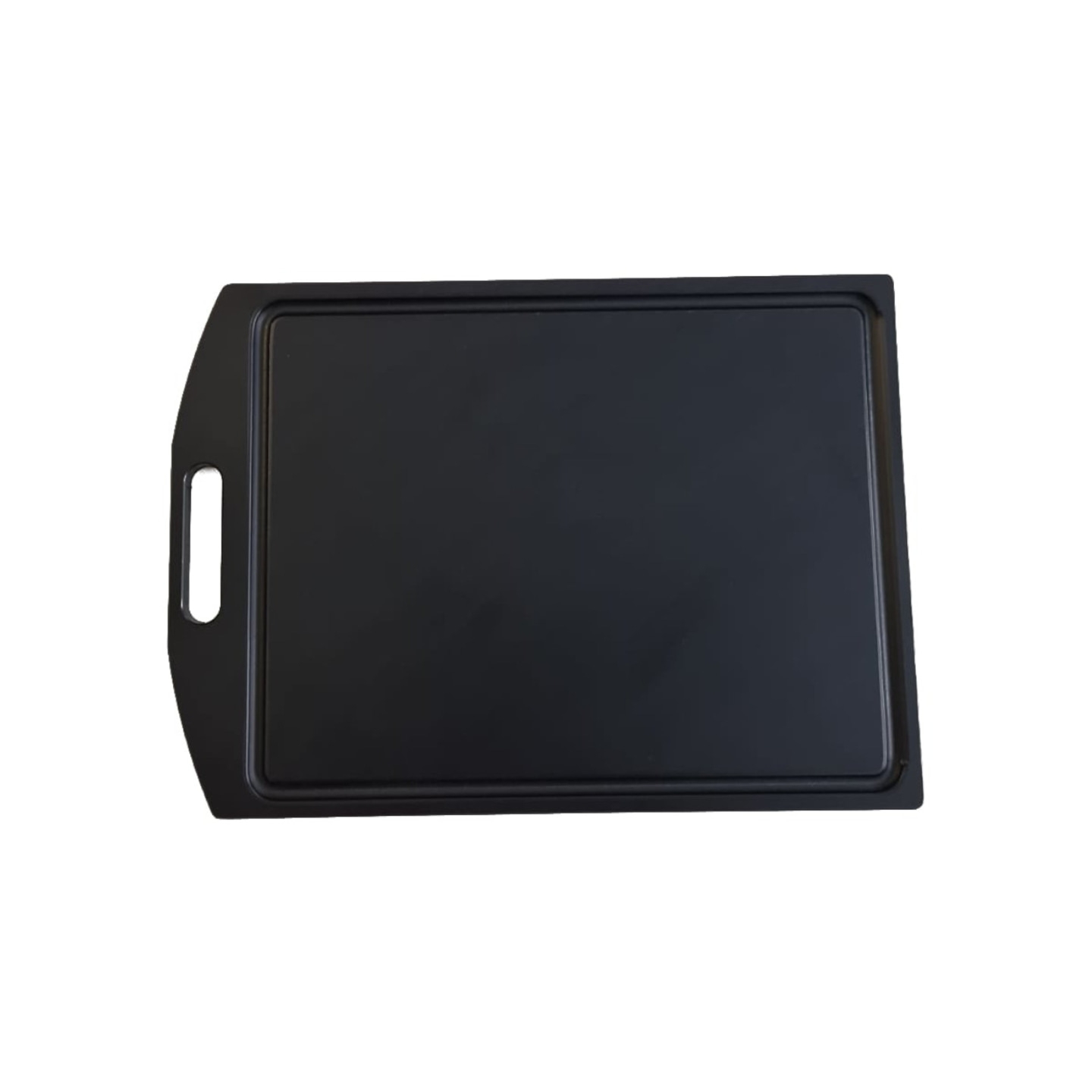 Black rectangular grill plate with handle, isolated on white background