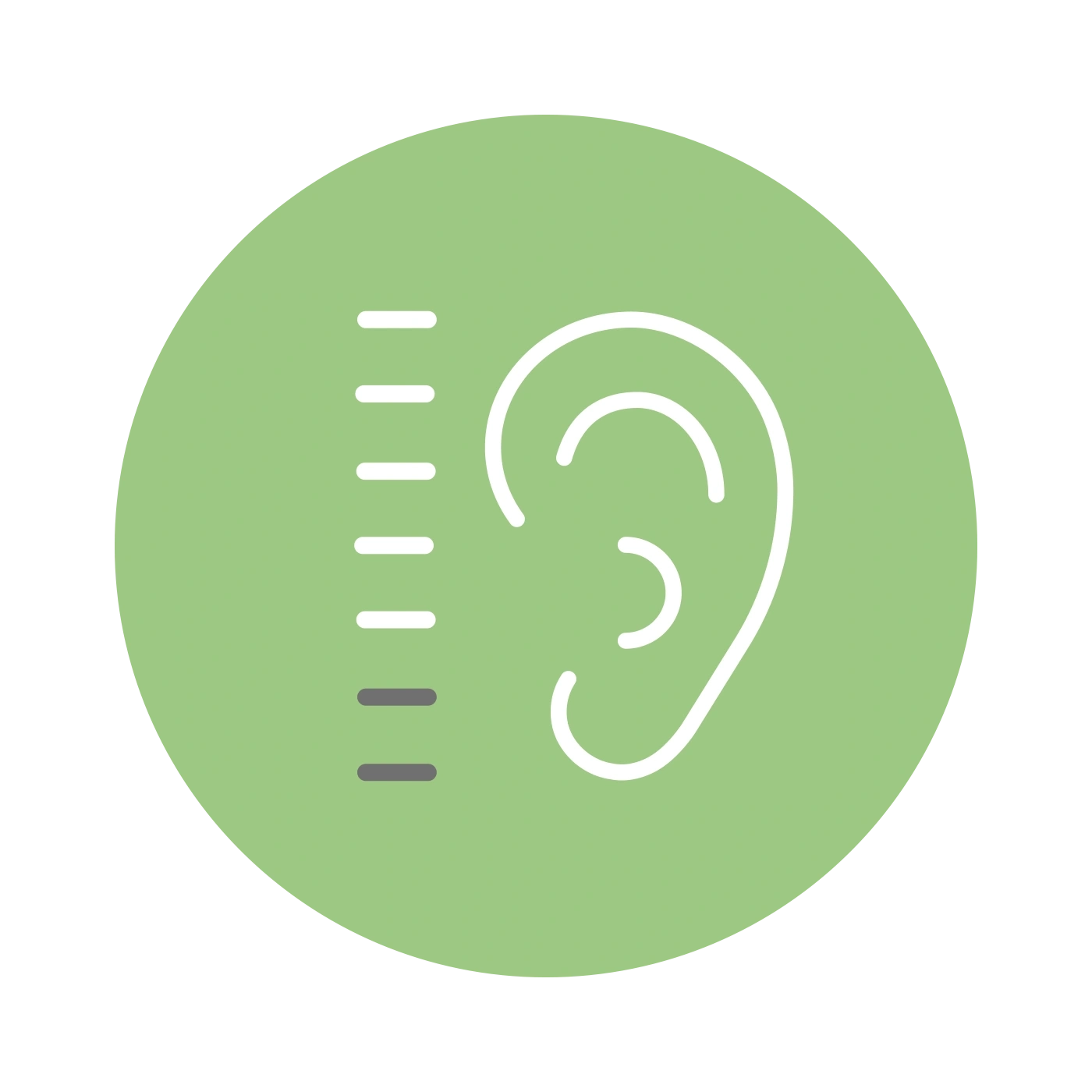 Symbole d'oreille avec échelle de mesure sur fond vert, pour tests et mesures auditifs.