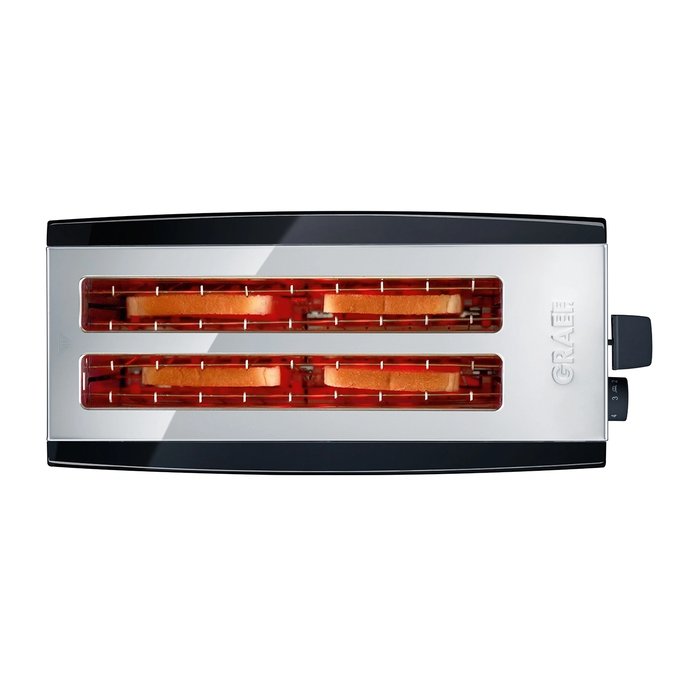 Toaster with toast inside, ready to toast, with black and silver design and settings.