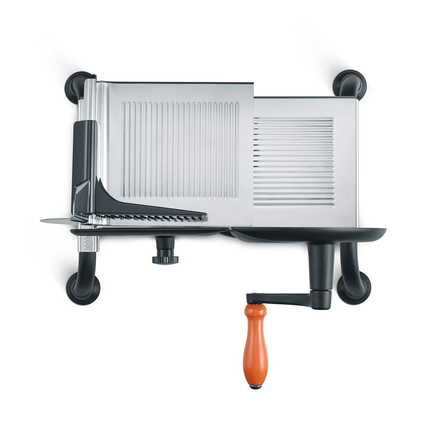 Affettatrice per verdure con manovella e manico in legno, acciaio inossidabile, nero e arancione