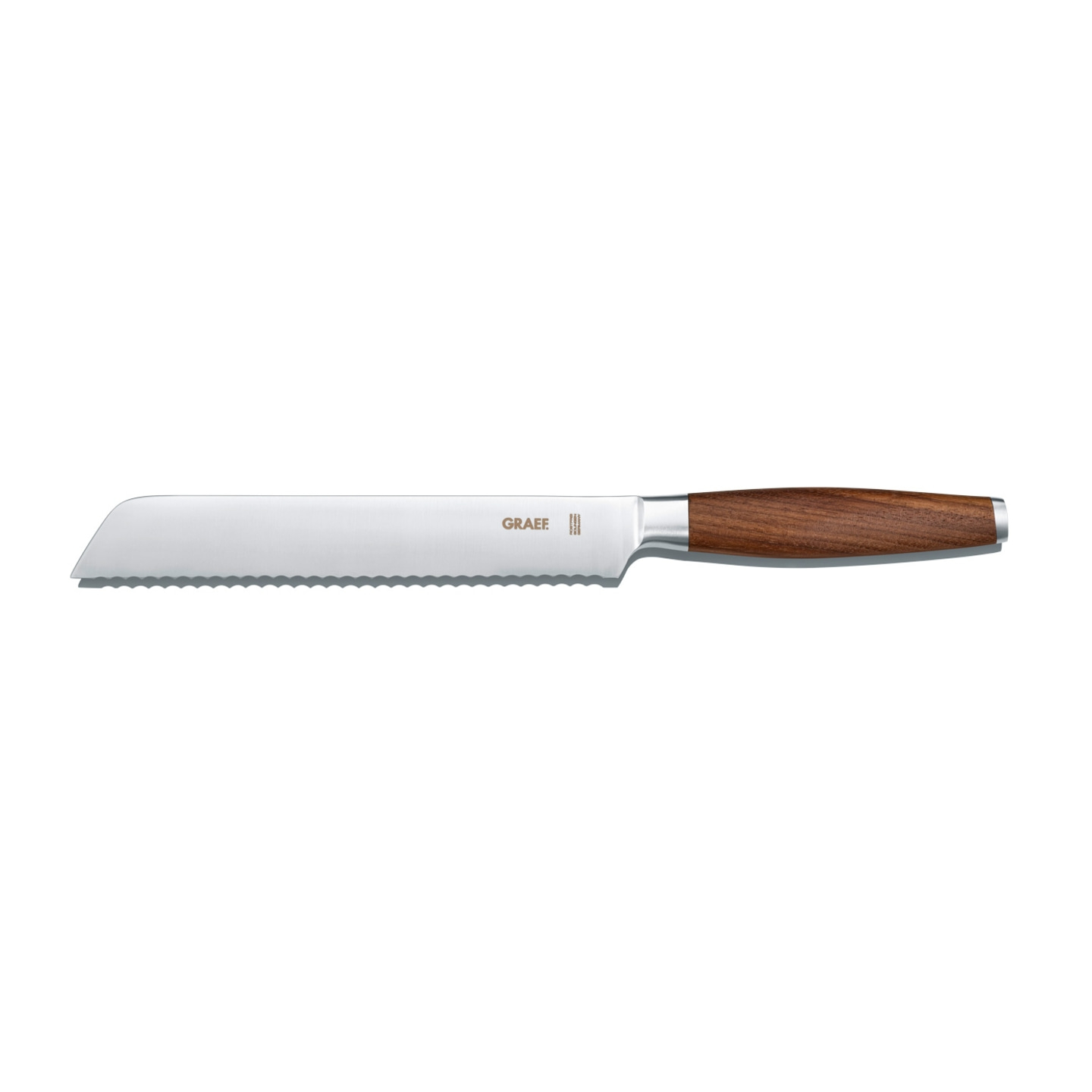 Bread knife with wooden handle, GRAEF logo, serrated blade, kitchen utensil, cutting tool