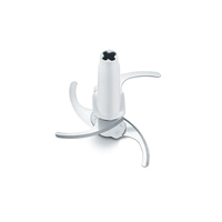 Elettrodomestico da cucina bianco con lame affilate isolate su sfondo bianco, primo piano.