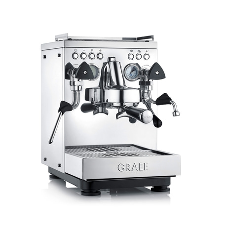 Machine à expresso en acier inoxydable avec fonction vapeur et eau chaude, logo GRAEF.