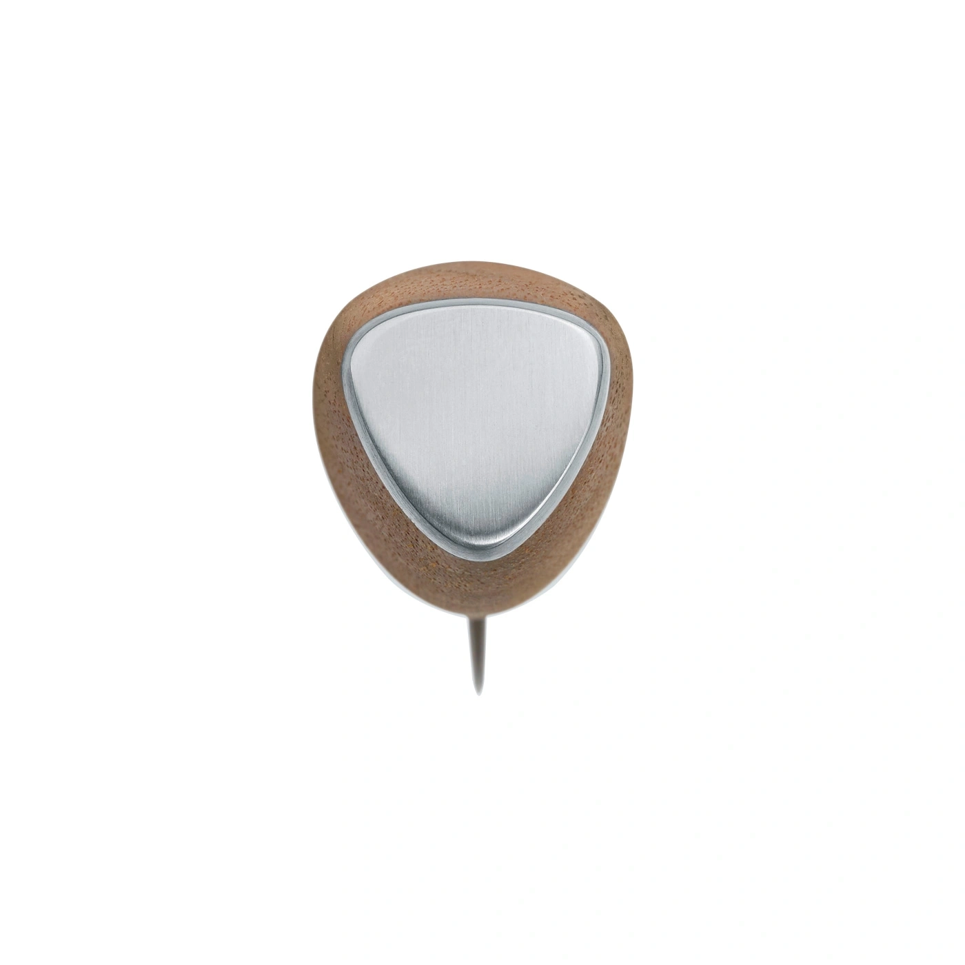 Objet en bois et métal isolé sur fond blanc, vue de dessus.