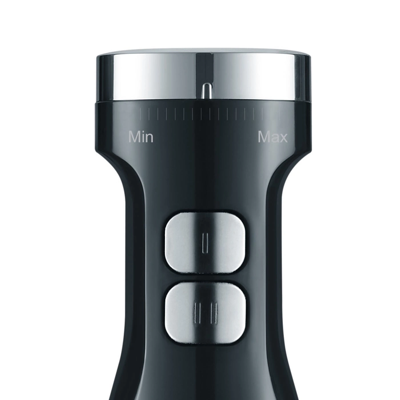 Black hand blender with buttons and a dial for speed control, close-up shot.