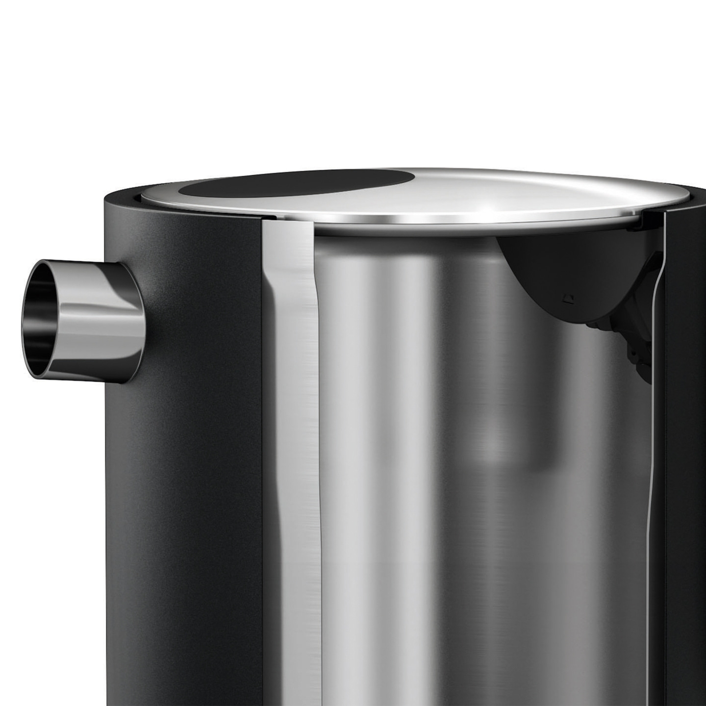 Stainless steel kettle with black casing and spout, detail shot, close-up view