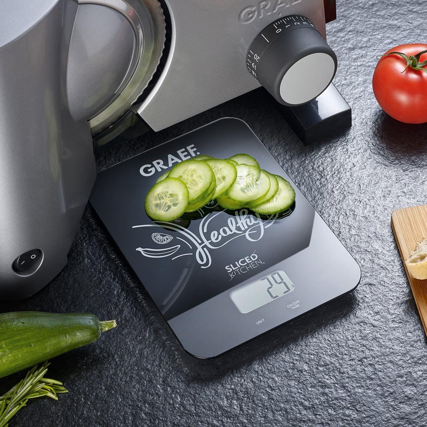 Vegetable slicer, scale, cucumber slices, tomato, kitchen, healthy, GRAEF, 29g, sliced, food