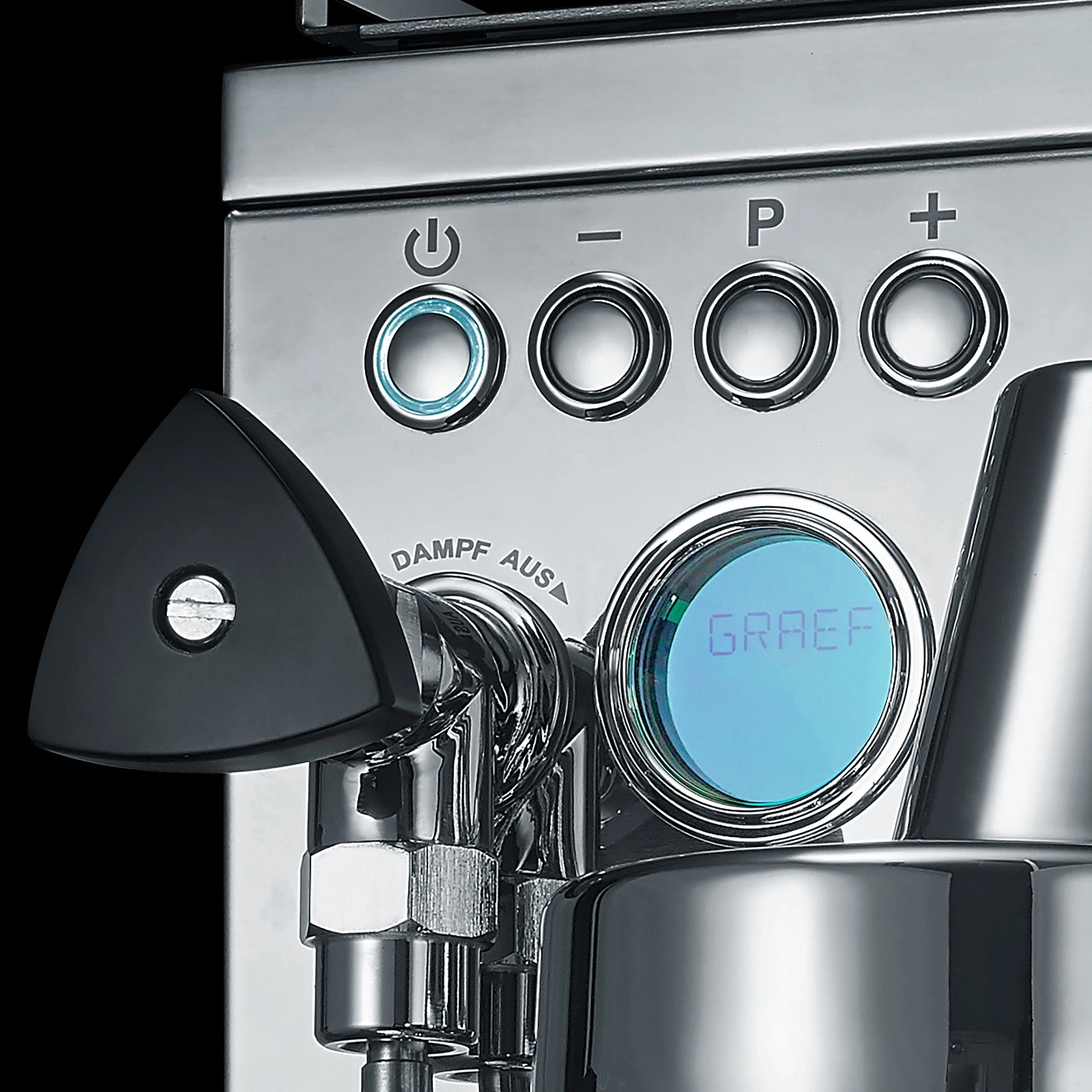 Macchina da caffè con pulsanti e display, logo GRAEF, selezione vapore