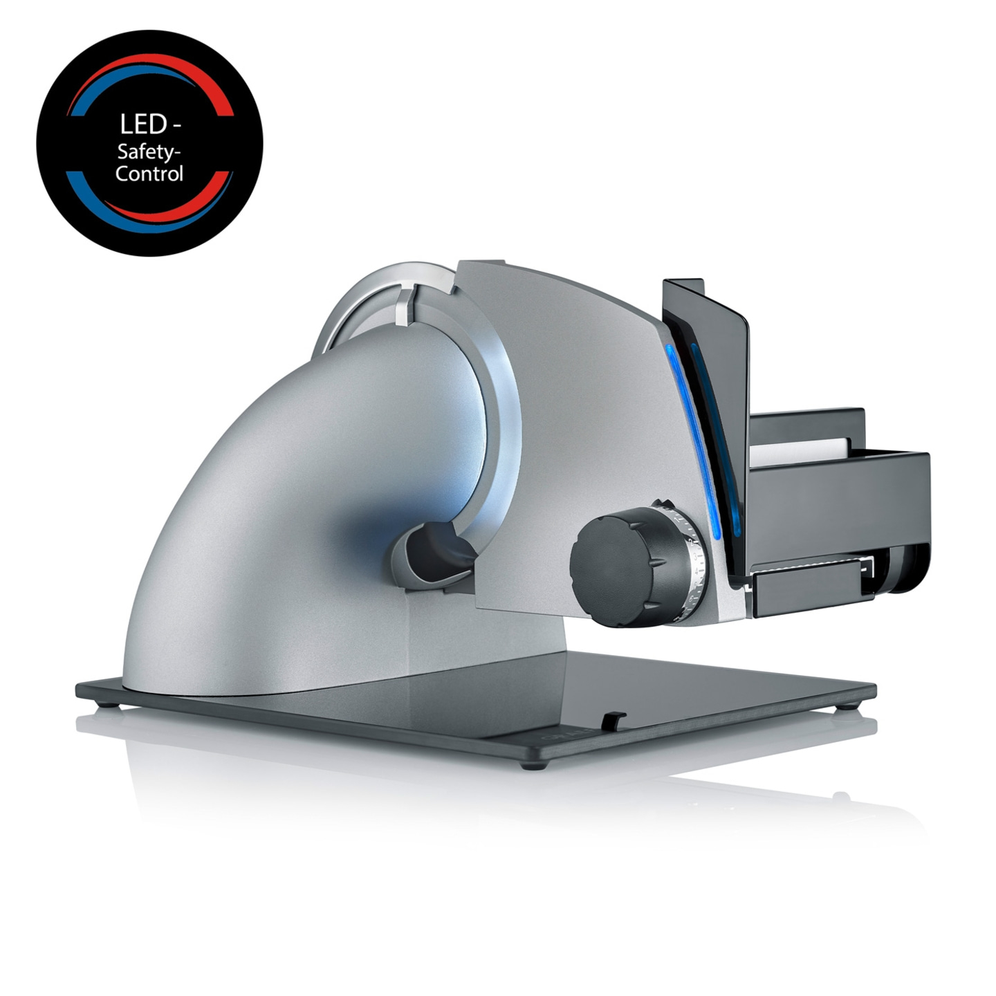 Trancheuse électrique avec contrôle de sécurité LED et couleur argentée, design moderne.