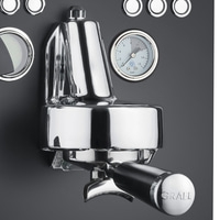 Espresso machine, chrome, pressure gauge, GRAEF logo, black background, close-up detail