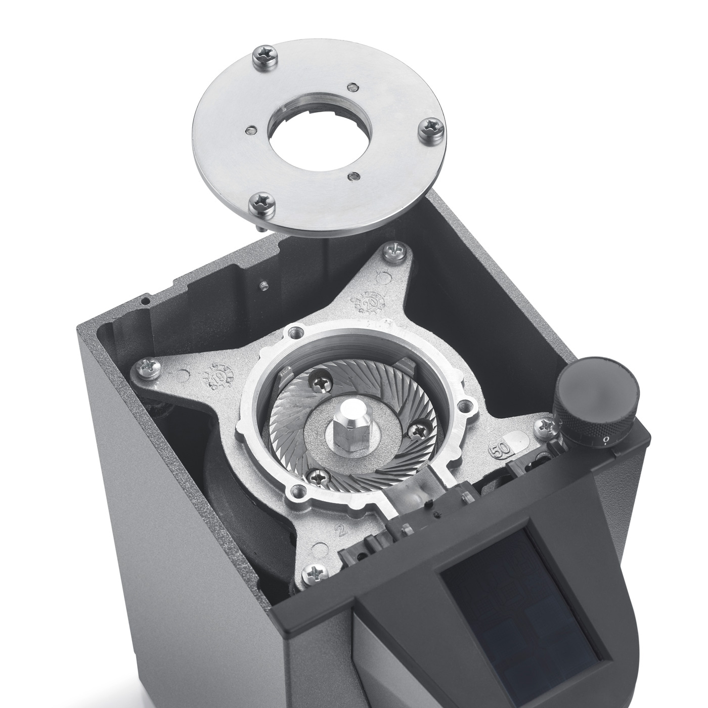 Macinacaffè, smontato, macina, metallo, viti, display, manopola, primo piano.