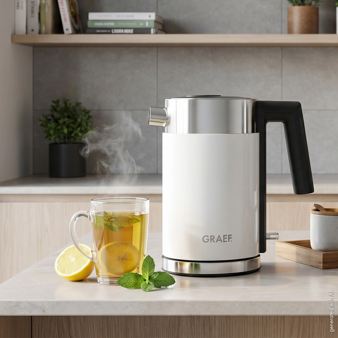 Un bollitore con tè fumante, limone e menta su un piano di lavoro.