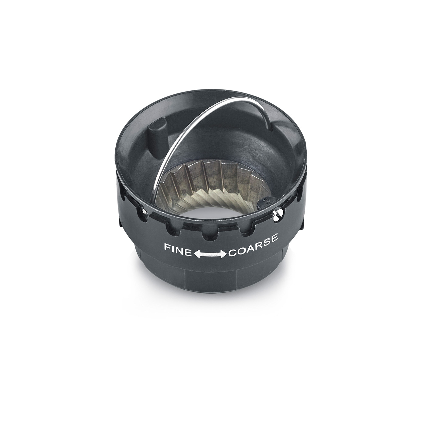 Black coffee grinder with fine and coarse adjustment settings.