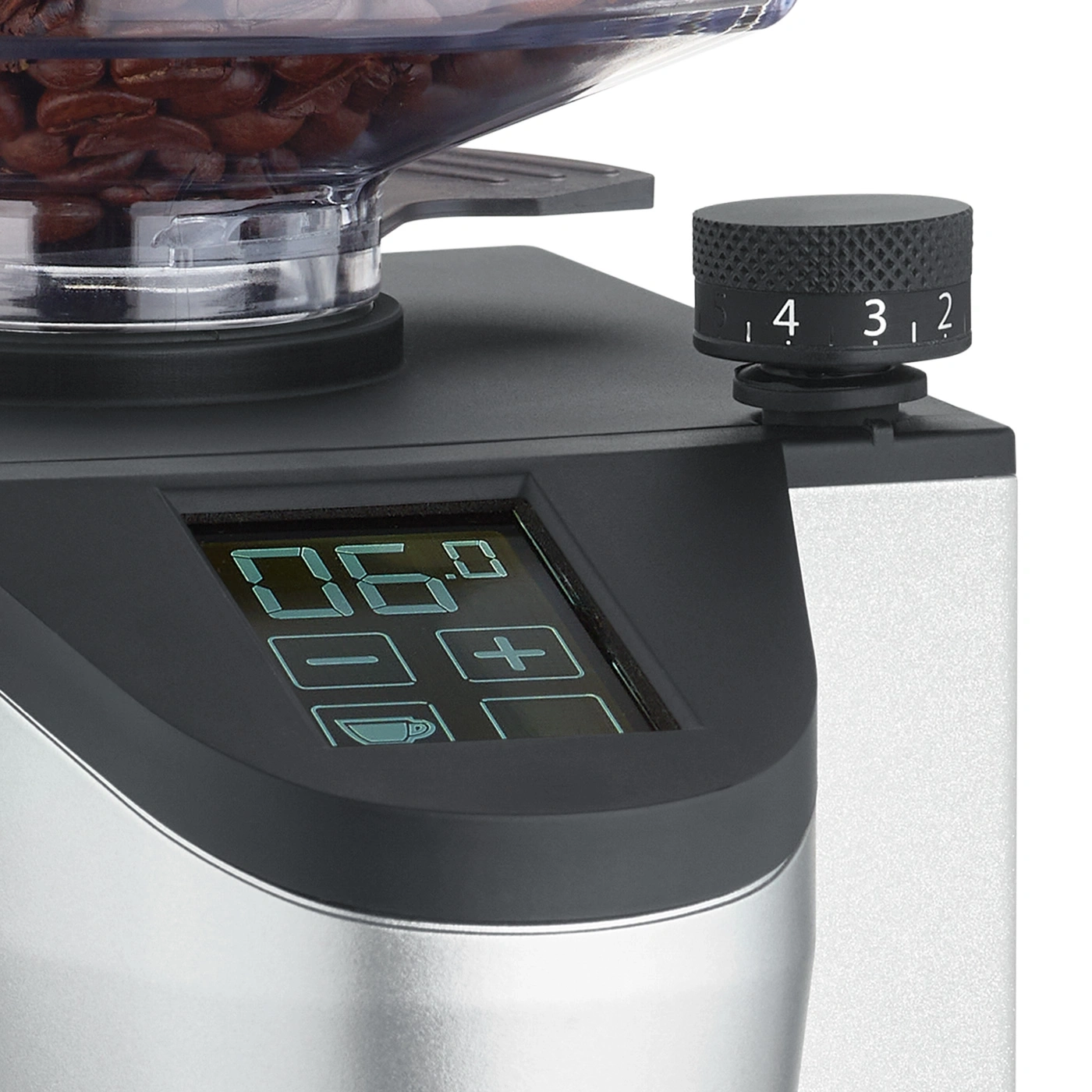 Coffee grinder with display and adjustment dial for grind fineness.