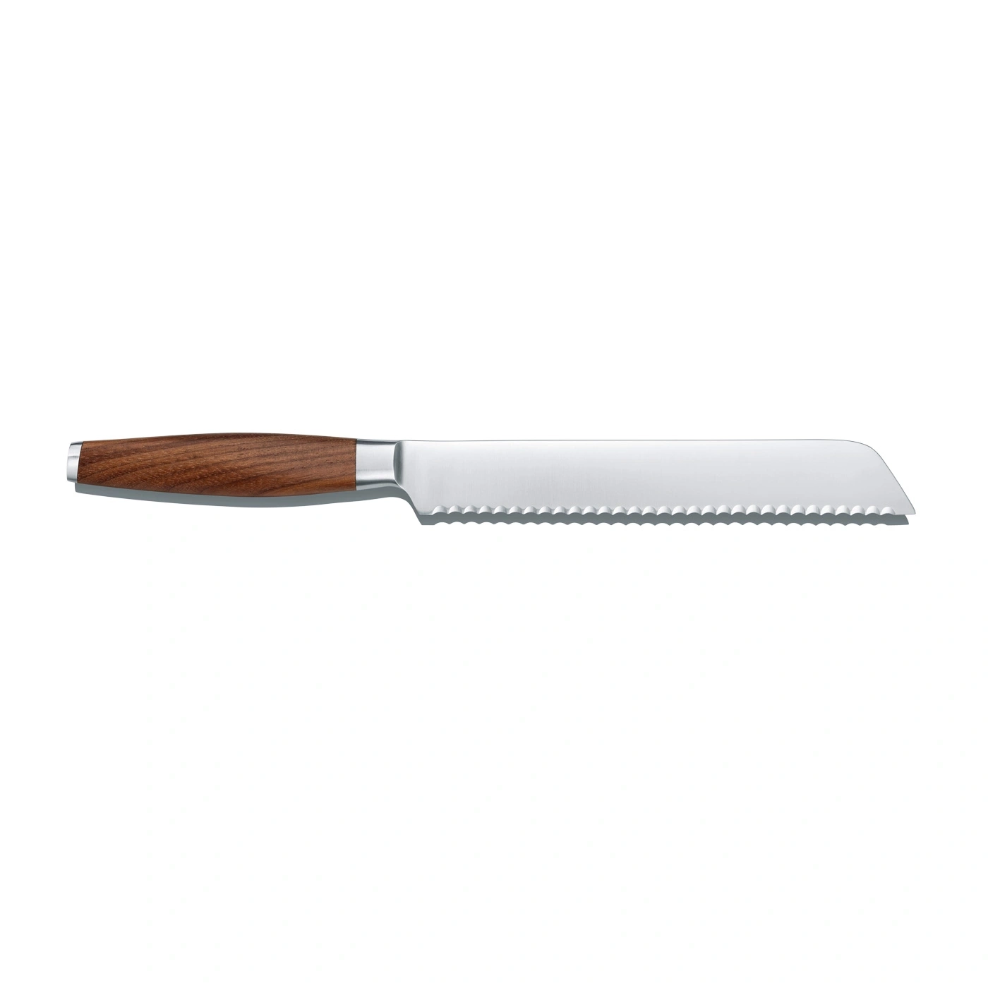 Couteau à pain avec manche en bois sur fond blanc, tranchant et propre