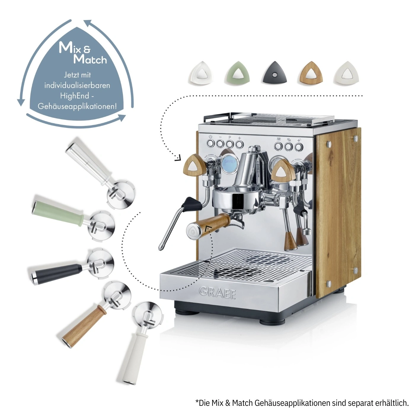 Macchina per espresso con applicazioni per alloggiamento intercambiabili e portafiltri in vari colori.