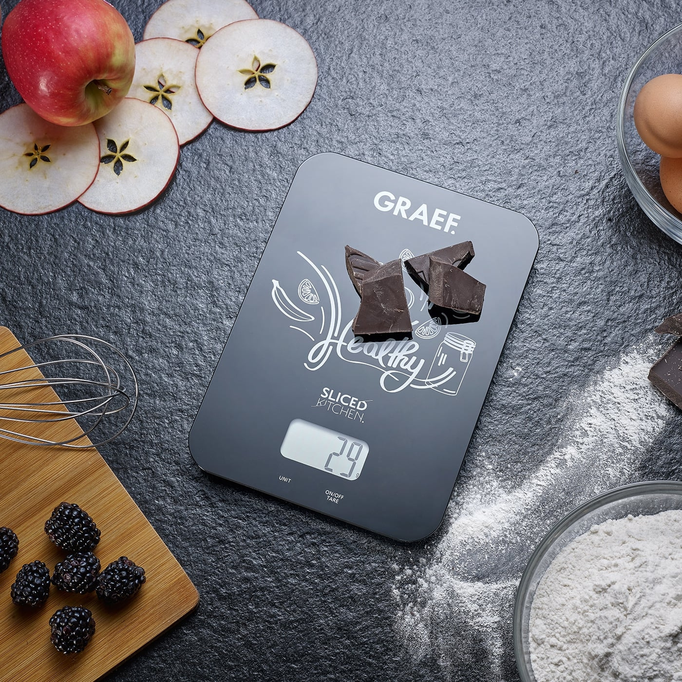 Apple, chocolate, scale, baking ingredients, healthy food, kitchen, baking