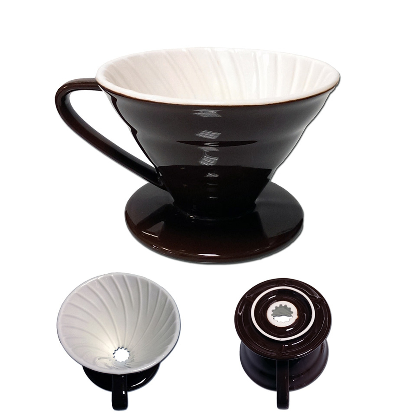 Brown ceramic coffee filter, handle, white interior, three views, brewing