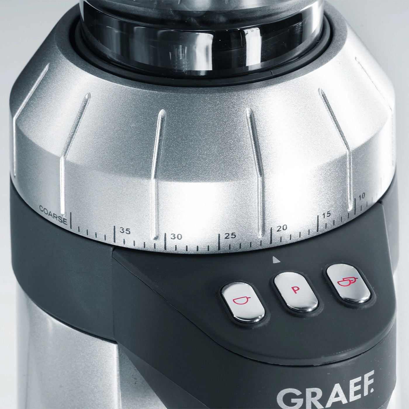 Coffee grinder with adjustment dial and buttons for different grind sizes and functions.