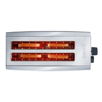 A silver toaster with bread slices inside, currently in the toasting process.